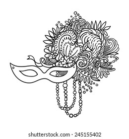 Carnival elements. Mask, feathers, beads, flowers. Black outline drawing