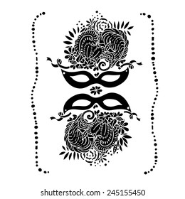Elementos del carnaval. Máscara, plumas, perlas, flores. Dibujo de esquema negro