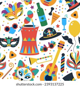 Carnival elements seamless pattern. Festival flat masks, masquerade and party background. Bright fabric print template, decent vector graphic design