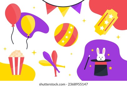 Carnival elements set. Holiday and festival objects. Basket with pop corn and colorful balloons. Rabbit in black hat with magic wand. Cartoon flat vector collection isolated on white background