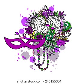 Carnival elements in vivid colors. Mask, feathers, beads, flowers. Watercolor blots and stains in background