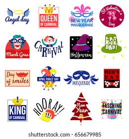 Carnival emblem label logo set for new year masquerade halloween mardi gras and other holidays isolated flat vector illustration 