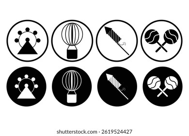 Carnival enjoyment icon set rotating wheel hot air balloon fireworks candy lollipop festive celebration party amusement funfair entertainment outline silhouette vector illustration.
