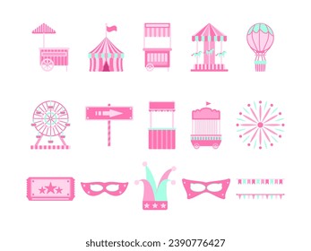 Carnival Equipment Collection Flat Design Style. Entertainment Design Vector Illustration on White Background.