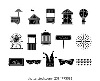 Carnival Equipment Collection Glyph Style. Entertainment Themed Design Vector Illustration on White Background.