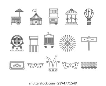 Carnival Equipment Collection Line Art Style. Entertainment Themed Design Vector Illustration on White Background.
