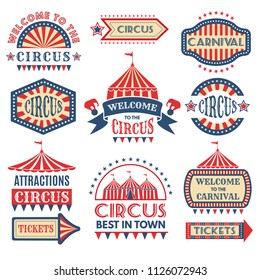 Carnival event logotypes template. Vector badges set isolate. Illustration of circus event, banner and emblem amusement