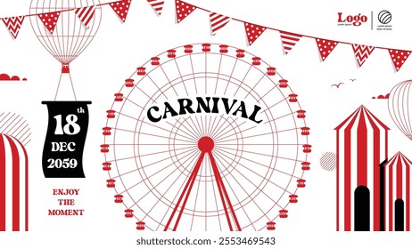 Carnival event poster illustration graphic element cover with Ferris wheel, flag, balloon, marquee. illustration vector on white background.