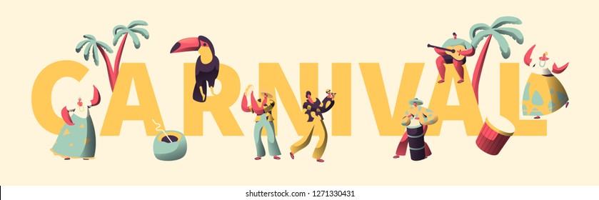 Carnival Exotic Party Character Typography Poster Template. Man Woman Dance at Brazilian Music Festival Feast Card Design. Carnaval Costume Collection Flat Cartoon Vector Illustration