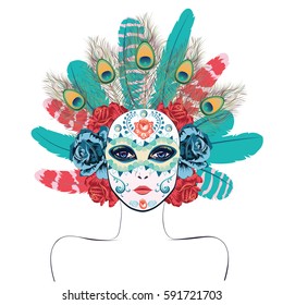 Carnival face mask decorated with roses and feathers.