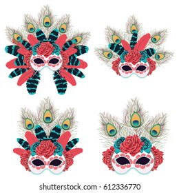 Carnival face mask decorated with roses and feathers.
