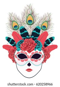 Carnival face mask decorated with roses and feathers.