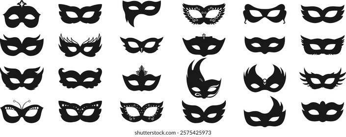 Carnival Face Mask Icon Set. Masks for Party, Masquerade Closeup Isolated. Carnival mask black silhouette.  Happy carnival festive concept with musical trumpet mask. costume eye mask silhouette hidden