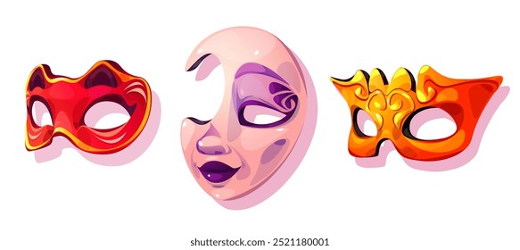 Carnival face mask for traditional festival or Mardi Gras holiday design. Cartoon vector illustration set of bright colorful masquerade party costume or opera and theater element with ornate.