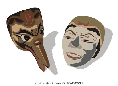 Carnival face masks, beak-shaped face masks and human face mask on white background