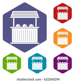 Carnival fair booth icons set hexagon isolated vector illustration