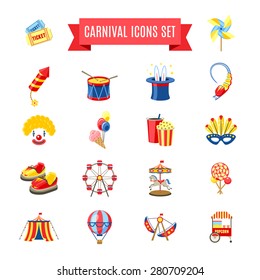 Carnival fairgound and attractions park icons set isolated vector illustration