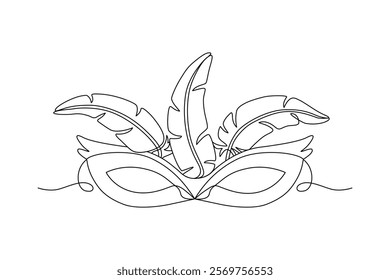 Carnival feather mask drawn with continuous line in minimalism, abstract style, masquerade accessory, one line, editable vector contour