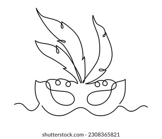 Dibujo de arte de una sola línea con máscara de pluma de carnaval. Diseño vectorial moderno y elegante en blanco y negro aislado sobre fondo blanco.