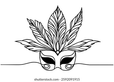 Carnival feather mask single line art drawing. Black and white elegant modern vector design element isolated