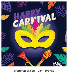 Carnival with feather masks and maracas. Samba music party in Brazil. Carnival party concept. Flat vector illustration.