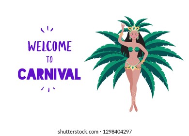 Carnival female dancer in feather costume. Birthday greeting card or invitation poster template. Latin dance, exotic trip concept.