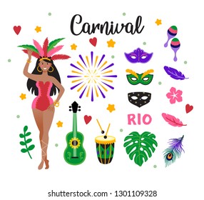 Carnival female dancer in feather costume. Birthday greeting card, party invitation design elements. Masquerade festival print. Latin culture concept.