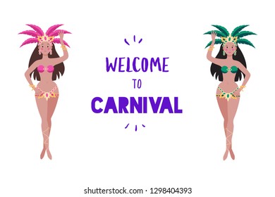 Carnival female dancers in feather costumes. Birthday greeting card template. Latin dance concept.
