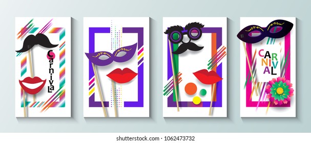 Carnival festival banner, flyer modern invitation set. Vector Funfair funny tickets design show carnival masks, masquerade abstract pattern, Venetian mask paper cut art. Place for your text message.