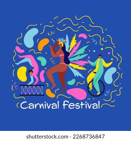 Carnival Festival Celebration Background With Female Samba Dancer, Circus Performer Characters.