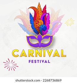 Carnival Festival Celebration Concept With Colorful Feather Mask On White Paisley Pattern Background.