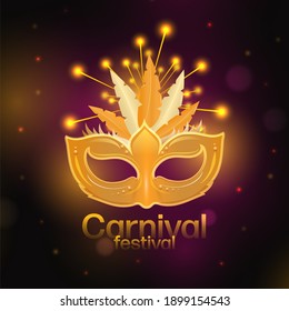 Carnival Festival Concept With Golden Masquerade On Lights Effect Background.