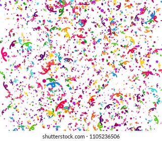 Carnival or Festival Confetti. Colorful confetti pieces. Celebration party or Holiday background. Flying colorful glitter particles. Decoration pattern. Vector