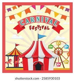 The carnival festival design features a marquee, carousel and Ferris wheel, surrounded by festive flags and banners. Perfect for exhibitions, theme parks or entertainment related creative projects. 