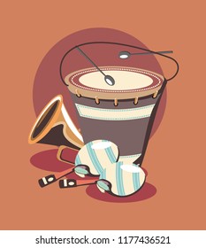 carnival festival drum trumpet and maracas retro
