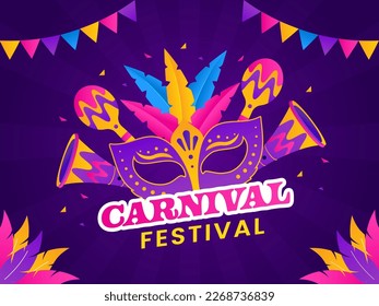 Carnival Festival Elements Decorated On Purple Rays Background With Bunting Flags.