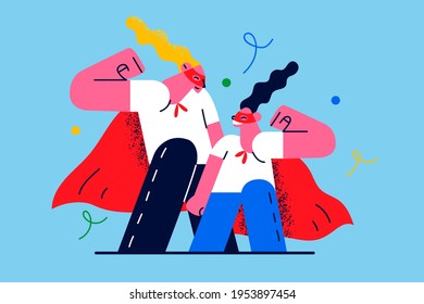 Carnival, Festival, Happy Childhood Concept. Beautiful Smiling Woman Mom And Her Little Daughter Spending Time Together Wearing Carnival Super Hero Costumes Showing Strength Vector Illustration 