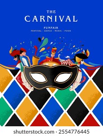 carnival festival illustration with mask and harlequin pattern circus music dance