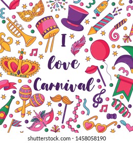 Carnival festival masquerade square banner templste cute caroon colorful icons vector set