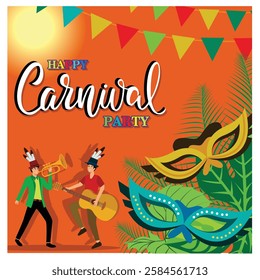 Carnival and festival. Musical and dance celebration, masquerade, party, people, palm and mask. Flat vector modern illustration 