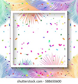 Carnival festival Paradise invitation Vector mockup frame abstract background. Mock up frame layout. Palm tree leaves multicolored border Tropical Palm leafs and confetti decoration Brazil Hawaii Hula