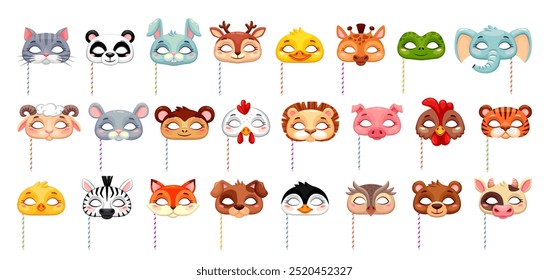 Carnival festival party animal masks, vector Halloween kids costume of cat, fox, panda and rabbit. Cartoon animal faces on sticks, cute penguin, bear, wolf and dog, owl, monkey, mouse, cow and deer