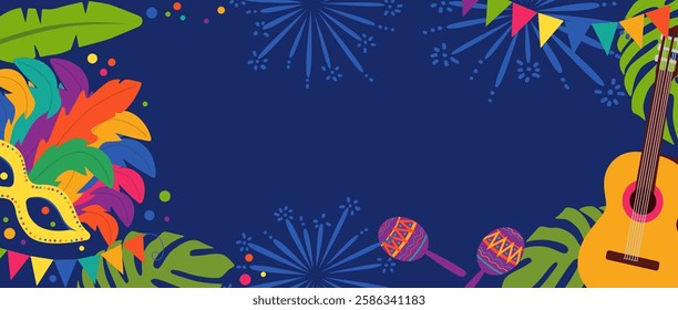 Carnival. Festival Party Invitation. Colorful Banner with Maracas, Drums, Guitar and Mask. Cartoon Flat Vector Illustration