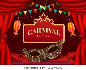 Carnival Festival Poster Or Banner Design With Realistic Party Mask On Red Curtain Background.