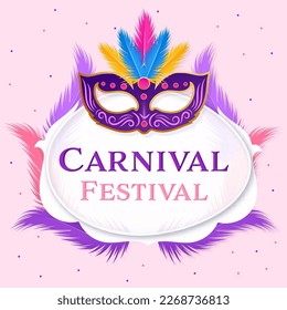 Carnival Festival Poster Design With Beautiful Party Mask, Feathers Decorated On Pink Background.