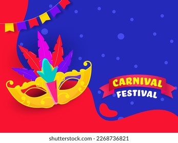 Carnival Festival Poster Design With Colorful Feather Mask On Red And Blue Background.