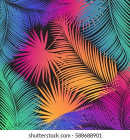 Carnival festival poster sea beach pattern Abstract colorful sunset tropical palm tree Holiday palm leaf frame decoration Exotic multicolored palm tree leaves card Hello Summer Camp Party Brazilian