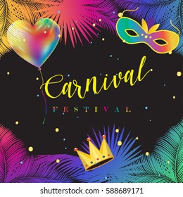 Carnival festival poster vector illustration. Abstract colorful Exotic palm tree leaves frame, crown, carnival mask, balloon, confetti. Holiday decoration. Venetian carnival, Brazilian Carnival party