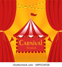 Carnival Festival Text In Marquee Frame With Circus Tent Awning And Red Curtains On Golden Background.