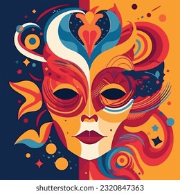 Carnival and festival. Vector illustrations of a masquerade man, abstract shapes and lines for a party poster, festive pattern or background